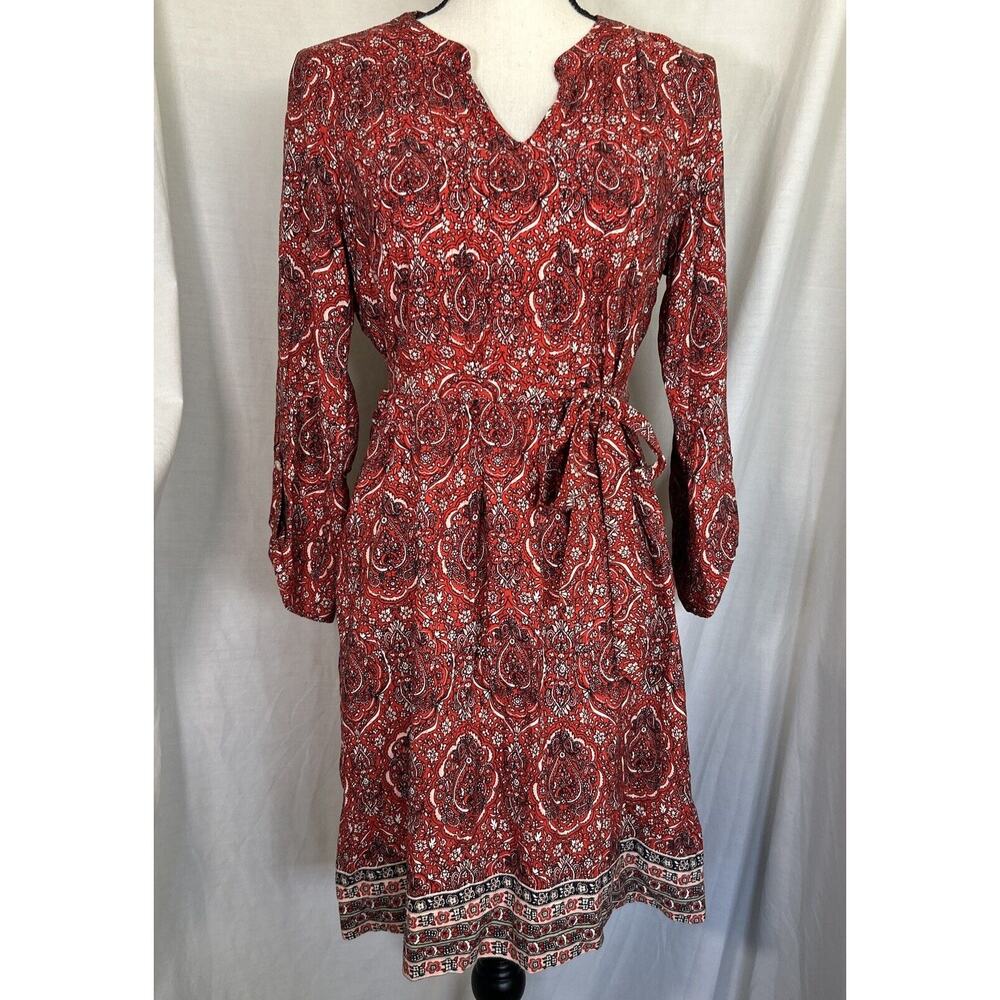 Lucky Brand Mitchell Border Print Chili Red Paisley Bohemian Belt Dress Size S